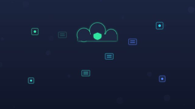 Flat design secure AI cloud with servers and rotating shields dark