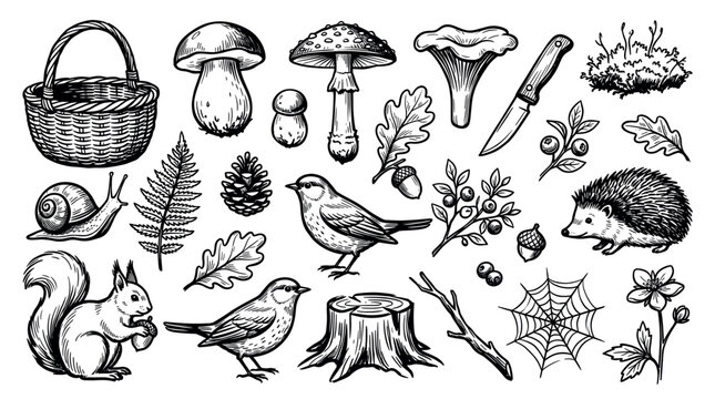 Collection of hand-drawn forest elements including various mushrooms, animals, plants, and natural objects in a detailed black and white sketch style