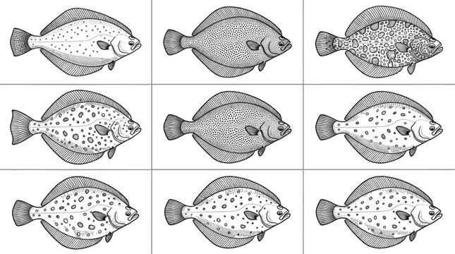 Detailed black and white flatfish illustration grid showing species variations, ideal for marine biology, education, seafood, and design projects.