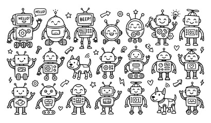 Cute robot doodle collection children line art vector set © MstLiza
