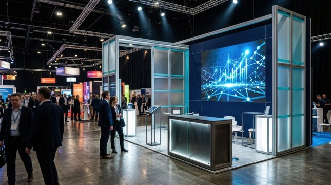 Modern exhibition booth with technology display at a business event
