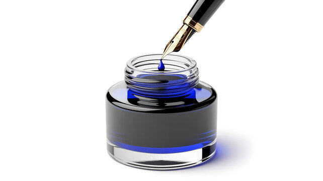 Four black butterflies fly around blue inkwell with fountain pen
