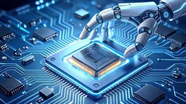 Robotic hand installing high-performance processor on motherboard. Futuristic electronics manufacturing and hardware engineering. Close-up shot with subtle camera tilt.