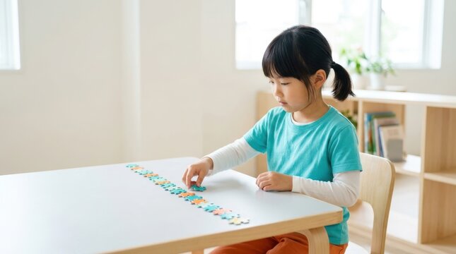 Young girl intently assembling a colorful puzzle on a white table indoors