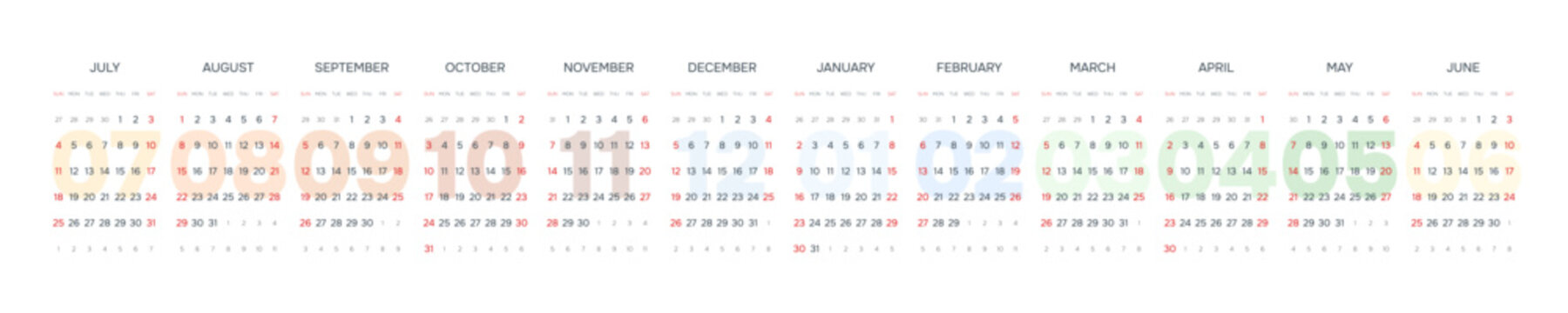 English 2027-2028 Horizontal Linear Grid Corporate Yearly Calendar Grid Minimalist Office Annual Organizer (Compatible with 2055-2056).