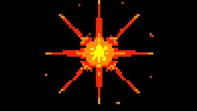 Static shot of pixel art explosion expanding with glowing sparks and radiating particles against black screen background in retro arcade style