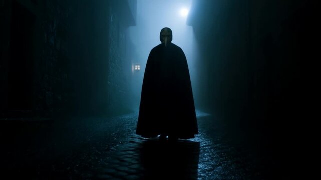 Mysterious figure walking through misty alley at night