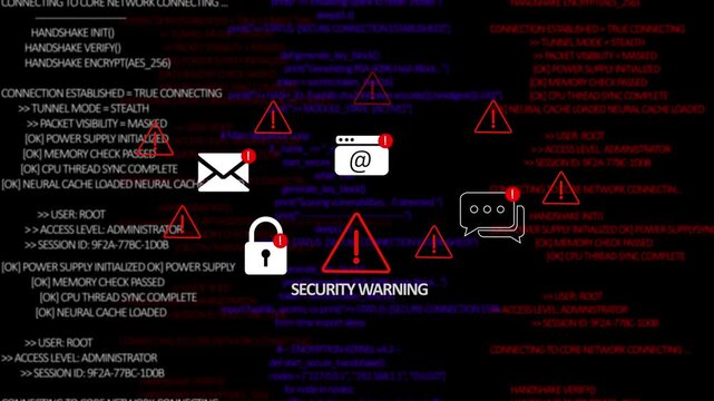 A digital screen interface displaying a critical security warning. Red alert warning of a cyber attack with malware and ransomware. Hacking data concept. 4K Digital Threat Visualization Motion Video