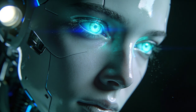 Humanoid Robot Face With Glowing Eyes