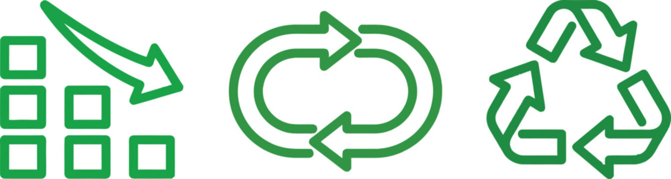 Green line art icons showing declining chart, circular arrows, and recycling symbol for business