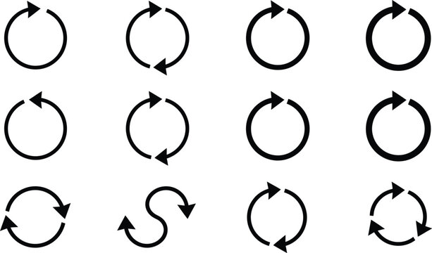 Set of black circular arrow icons for refresh reload rotation and cycle symbols