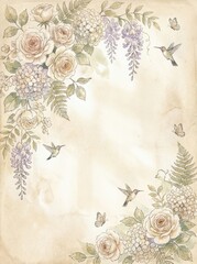 Fototapeta premium Vintage floral border with hummingbirds and butterflies on aged paper