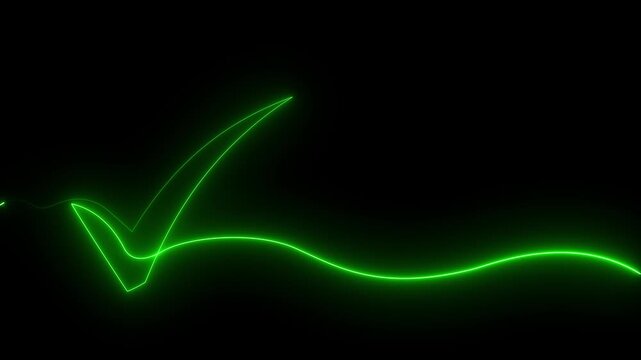 Neon green check mark forming on black background abstract glowing line animation success confirmation motion graphic of approval verification concept. 4k motion video