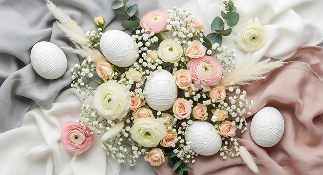 Easter eggs and flowers bouquet with white pink roses babys breath on fabric