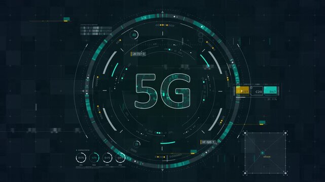 Motion graphic of 5G network HUD interface with wireless connectivity dashboard, rotating data rings, and futuristic telecom analytics for technology promotion.
