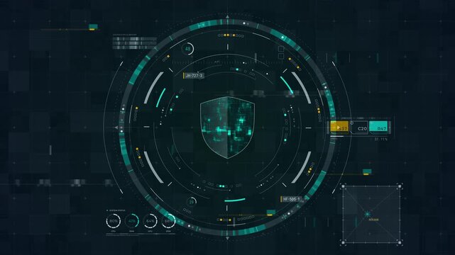Motion graphic of cybersecurity shield HUD interface with secure network analytics, rotating dashboard rings, and digital protection display for technology promotion.