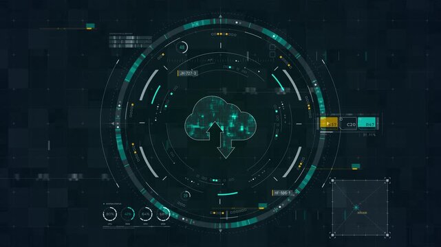 Motion graphic of cloud computing HUD interface with data transfer icon, cybersecurity dashboard rings, and futuristic network analytics for technology promotion.