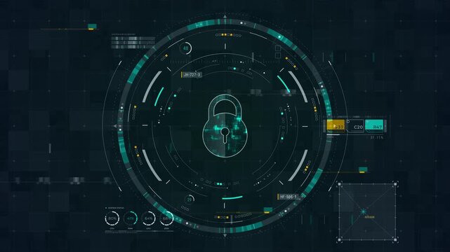 Motion graphic of cybersecurity lock HUD interface with access control dashboard, secure network analytics, and futuristic data protection for technology promotion.