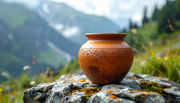 Rustic ceramic pot outdoors against scenic mountain background
