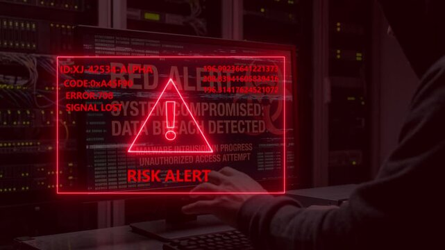 Unidentified hacker in dark hoodie causing massive system breach with red alert warning on computer monitor.