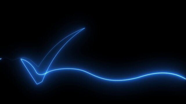 Neon blue check mark forming on black background abstract glowing line animation success confirmation motion graphic of approval verification concept. 4k motion video