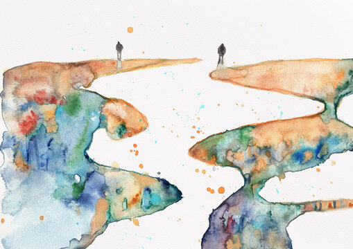 Near and Far Figures on Separated Cliffs, Symbolic Distance and Connection Scene, Hand Painted Watercolor