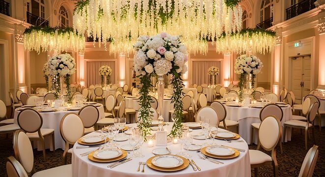 Luxurious wedding reception with white tablecloths and elegant floral centerpieces indoors