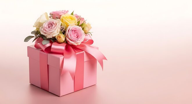 Pink gift box with bouquet of roses flowers on top  romantic present