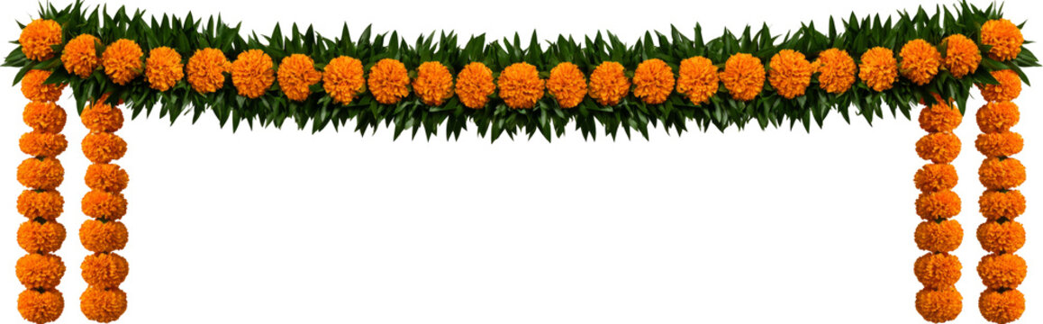 Orange Marigold Flower Garland with Green Leaves