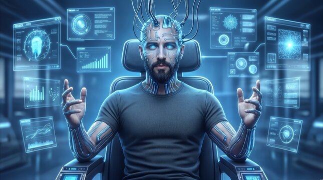 Bearded subject sitting in high-tech chair while connected to brain-computer interface. Floating holographic screens display complex data and medical scans in a futuristic laboratory setting.