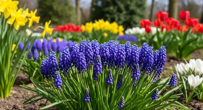 Vibrant garden scene with grape hyacinths and assorted colorful spring flowers in bloom