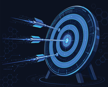 Digital blue vector illustration showing three glowing arrows hitting a technological target board for business strategy and precision marketing concepts
