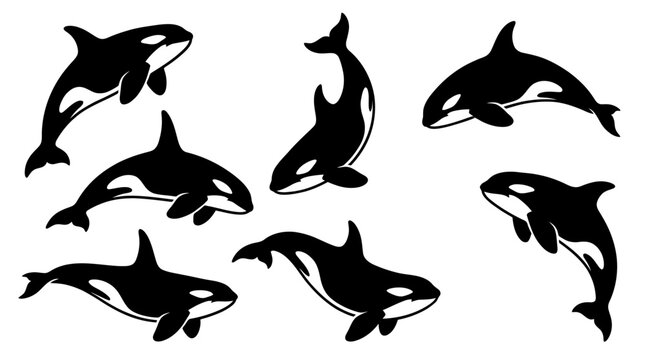 Set of black silhouette illustrations of killer whales in various jumping and swimming poses.
