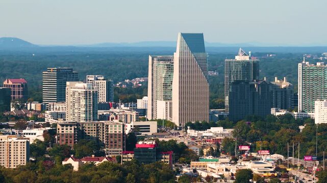 Atlanta Buckhead cityscape with tall corporate and residential skyscraper buildings and urban traffic. Modern American city uptown
