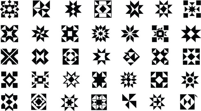 Set of 35 Abstract Geometric Shapes and Symbols in Black and White, Minimalist Star and Square Icons for Graphic Design, Tribal Patterns, Quilt Blocks, and Symmetric Vector Elements Collection