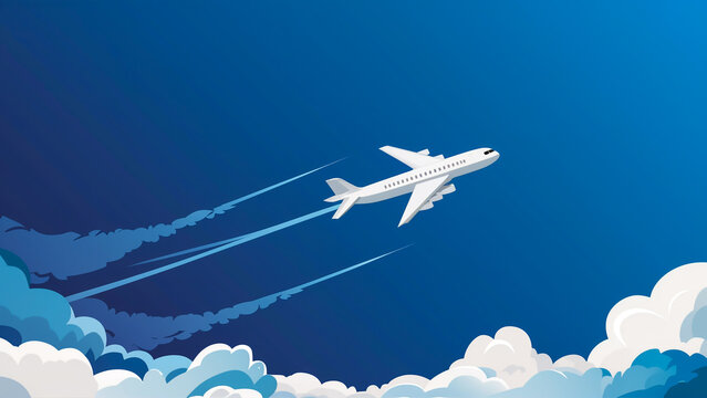 Airplane soars through clouds leaving contrails in sky