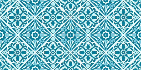 Mediterranean tile seamless pattern with blue ceramic mosaic. Italian ornamental design with floral motifs and geometric Portuguese azulejo elements for decorative backgrounds. Vector © Chorna_L