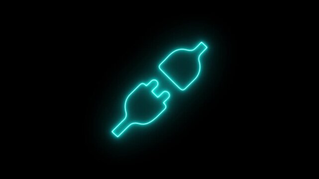 Cyan neon glowing outline of two electrical plugs connecting electricity connection. motion graphic of two plug concept. 4k motion video
