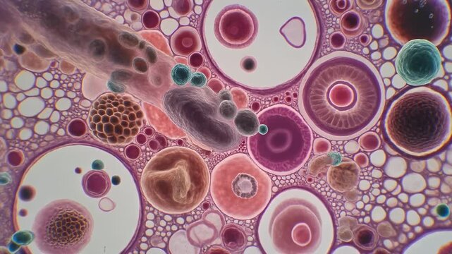Microscopic view of blood cells in motion sequence