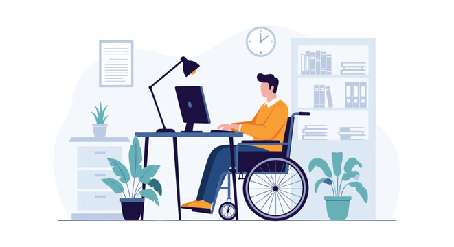 Determined disabled man in a wheelchair focused on his work at a computer desk in a bright office room.