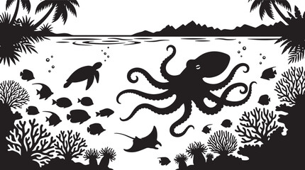 Premium Oceanic Wildlife Silhouette Vector: Octopus, Sea Turtle, Rays, Fish, Coral Reefs, Tropical Palms, Underwater Scene, Black and White Marine Life Illustration © Mohaiminul