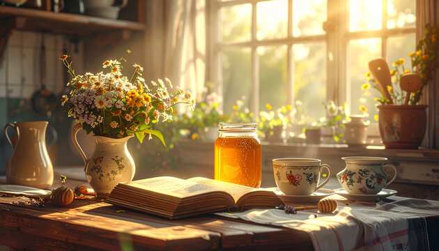 Rustic kitchen scene with open book wildflowers honey and sunlight streaming