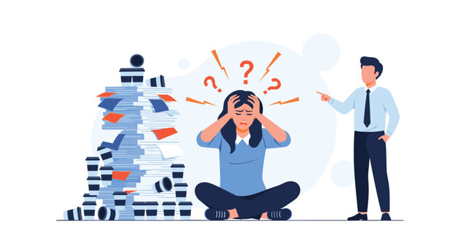 Overworked businesswoman sitting on the floor under stress near a pile of paperwork as her boss points at her.