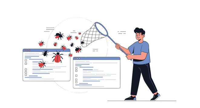 Programmer with butterfly net catching software bugs flying out of code windows representing debugging.