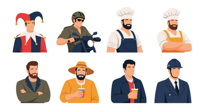 Collection of diverse male vector characters depicting different professions and hobbies on a white background.