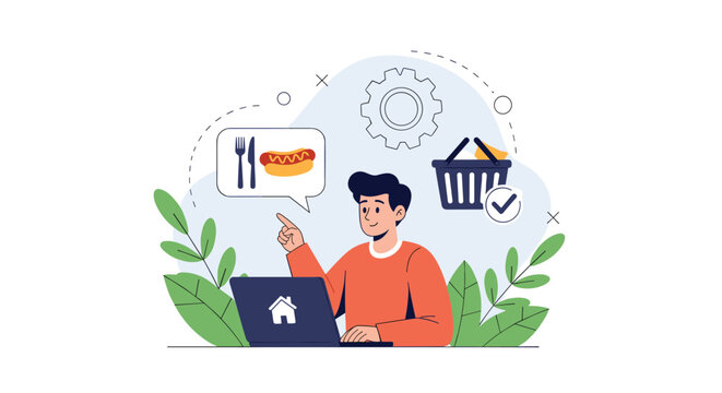 Online grocery ordering system concept with a man using a laptop to buy hotdogs and groceries with a shopping basket.