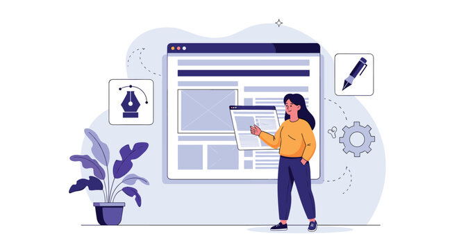 Talented female designer creating a user interface website layout with floating design tools and software icons.