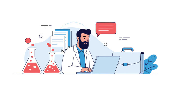 Medical researcher or scientist in a lab coat compiling clinical trial data on a laptop in front of chemistry beakers.