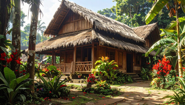 Rustic wooden house with thatched roof surrounded by lush green tropical foliage