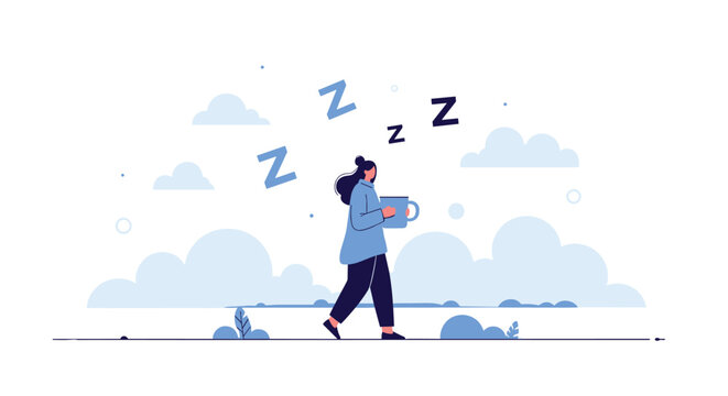 Sleepy young woman walking with a large coffee cup while dreaming of sleep represented by floating letter z symbols.